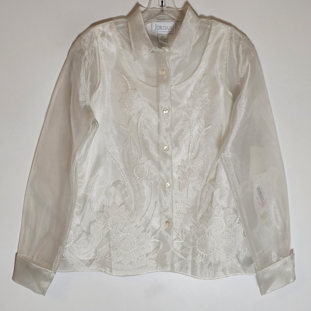 Vintage Jordan Top Womens Medium White Sheer Floral Shimmer Goddess 90s Y2K Glam